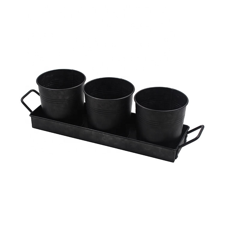 Conjunto de vaso de flores vintage rústico de aço galvanizado redondo para casa de fazenda com bandeja retangular