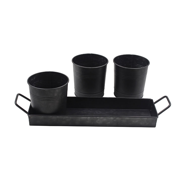 Conjunto de vaso de flores vintage rústico de aço galvanizado redondo para casa de fazenda com bandeja retangular